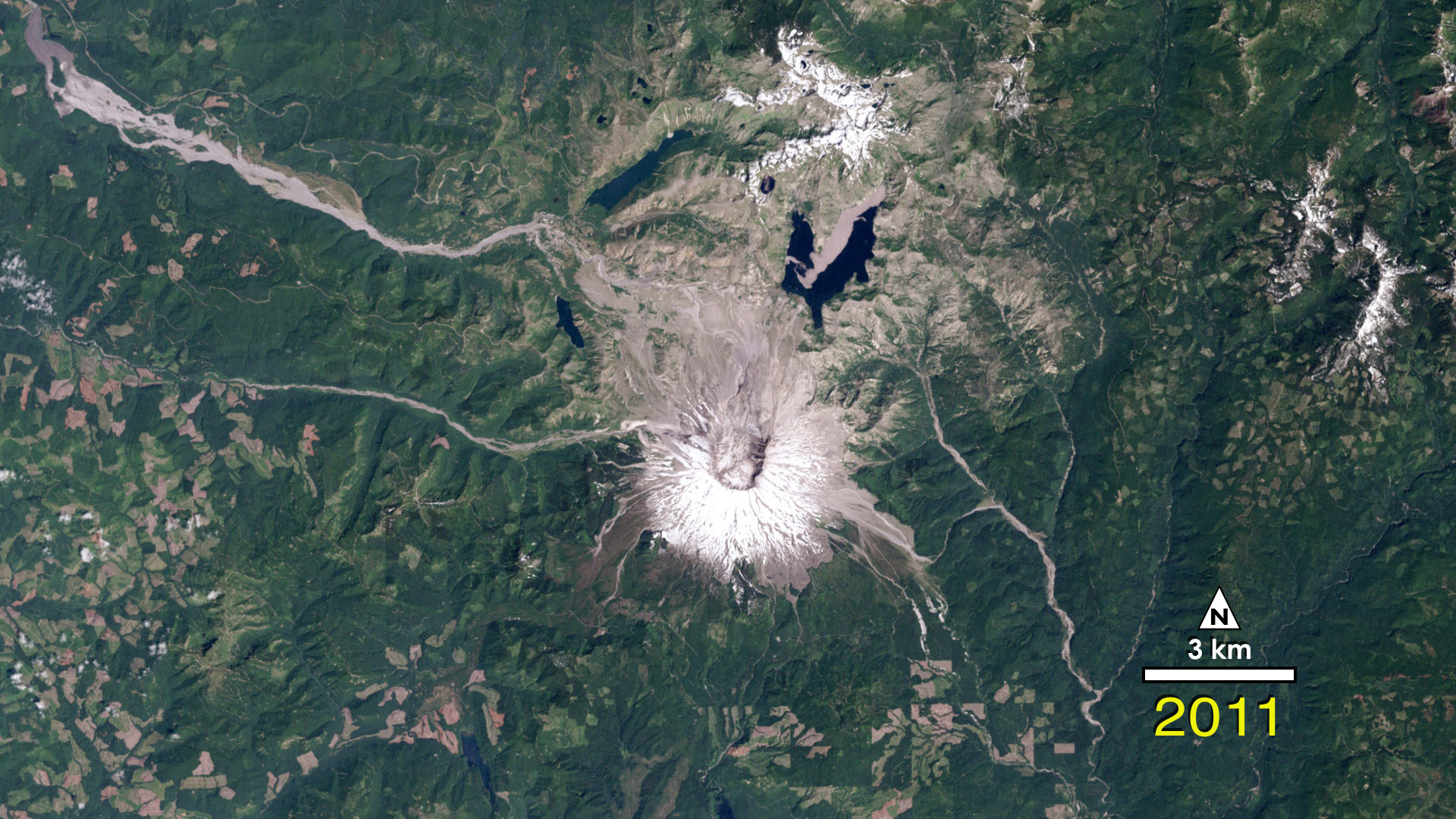 Satellite images showing ecological recovery in the Mount St. Helens blast zone from 1980 to 2011.